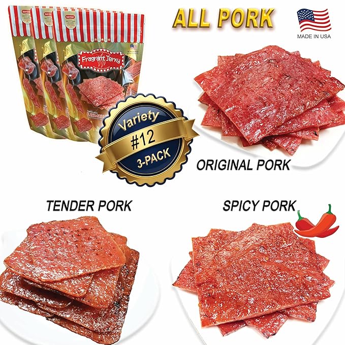 VP#12 ALL PORK JERKY - MIXED FLAVORS (Original Tender Spicy Pork each 4oz) *Fresh Grilled to Order *Shipped the Same Day *L.A. Times Handmade Gift Winner
