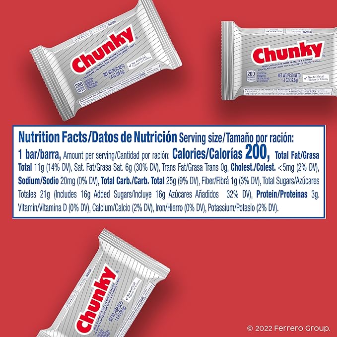 Chunky Bulk 24 Pack Milk Chocolate with Peanuts and Raisins Individually Wrapped Candy Bars 33.6 Oz