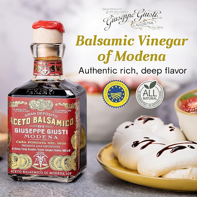 Giusti Italian Balsamic Vinegar of Modena IGP - 3 Gold Medals Rich &amp Thick Gran Deposito Aceto Balsamico di Modena for Salads Cheese &amp Finishing Touches Made in Italy – 8.45 fl oz/250 ml -P
