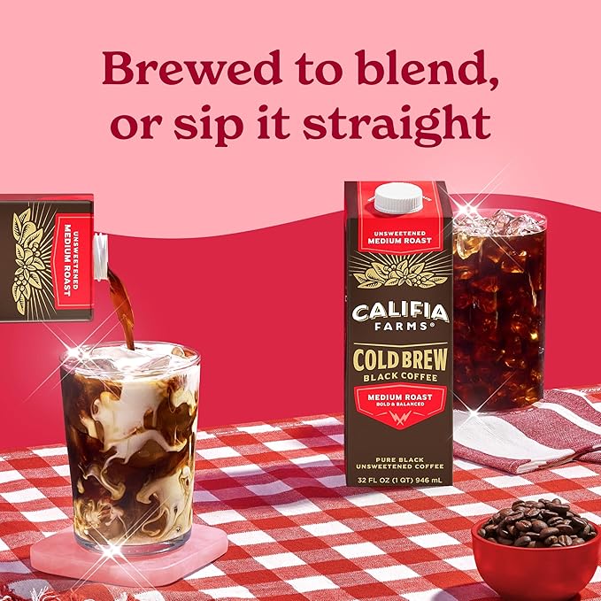 Califia Farms - Pure Black Medium Roast Cold Brew Coffee 32 Oz (Pack of 12) 100% Arabica Shelf Stable Plant Based Vegan Gluten Free Non GMO Sugar Free Iced Coffee