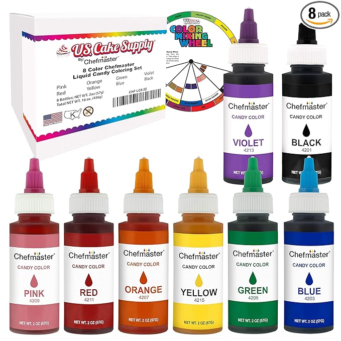 U.S. Cake Supply Large 2-ounce Bottles of each Liquid Candy Food Color 8 Bottle Kit with Mixing Wheel for Chocolate and Candy Coloring