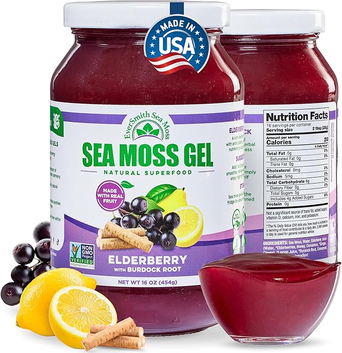 Wildcrafted Irish Sea Moss Gel | Made in USA | Rich in Vitamins &amp Minerals | Sea Moss Gel Raw | Nutritional Supplement | Elderberry (16 oz)