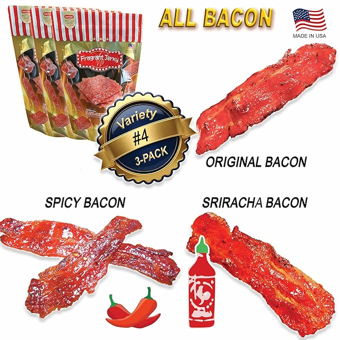 VP#6 ALL BACON JERKY - MIXED FLAVORS (Original Spicy Sriracha Bacon each 4oz) *Fresh Grilled to Order *Shipped the Same Day *L.A. Times Handmade Gift Winner