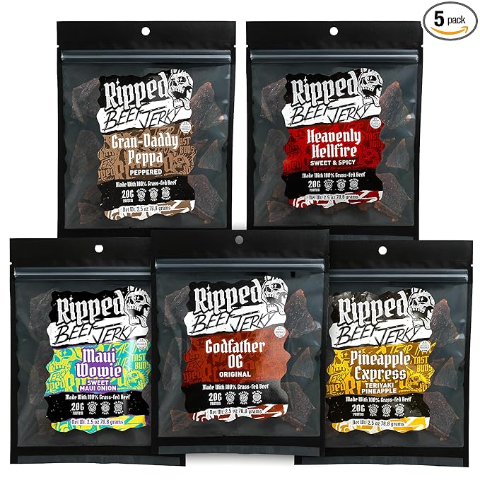 Ripped Beef Jerky - 100% Grass Fed Beef 20g Protein Real Ingredients Gluten Free No MSG Made in USA (2.5 Ounce (Pack of 5) Variety Pack)