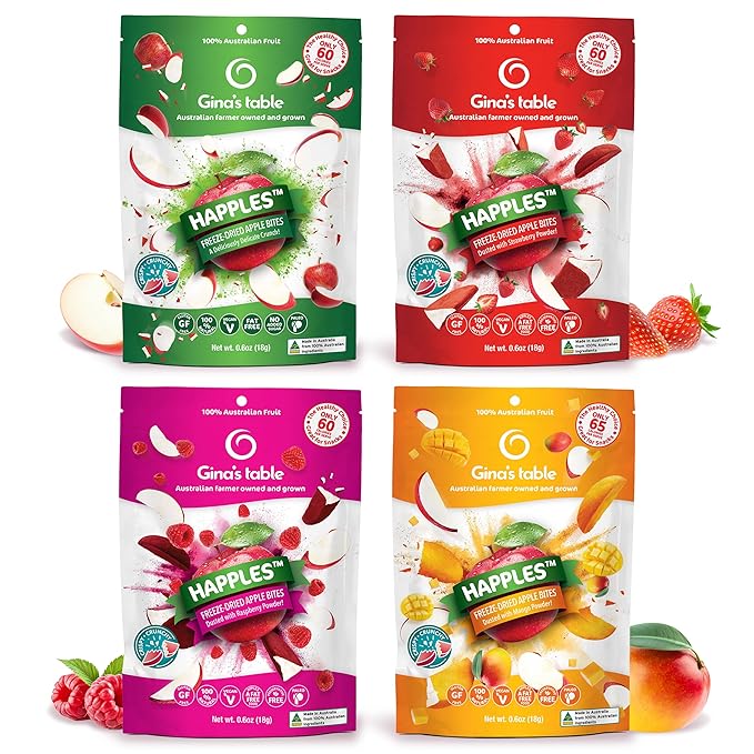 Happles Freeze Dried Apples Variety Pack with Mango Raspberry &amp Strawberry Fruit Powder – 100% Natural No Added Sugar Healthy Low Calorie Apple Crisps Snack No Artificial Flavours (4 Pack)