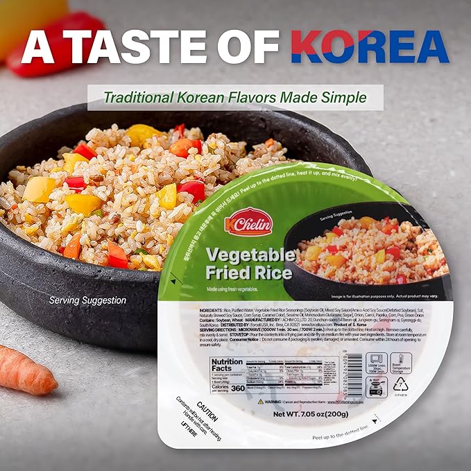 [KCHELIN] Microwaveable Korean Vegetable Fried Rice (Pack of 6) Korean Food Instant Quick &amp Delicious Shelf- Stable On-the-Go Meals 7.05 oz per Bowl