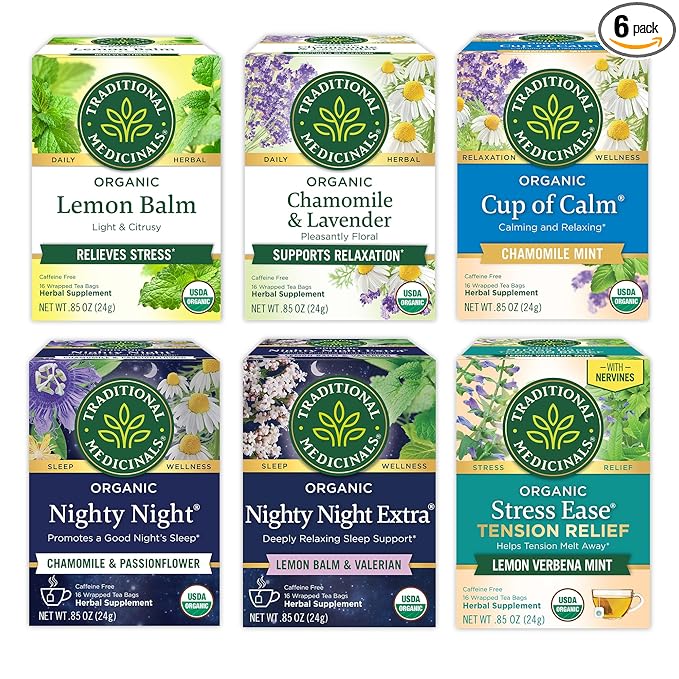 Traditional Medicinals Organic Herbal Tea Variety Pack for Stress and Sleep Support 6 Flavors Lavender Chamomile Lemon &amp Valerian Root 96 Tea Bags (6 Pack)