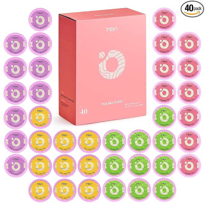 HBN Tea 40-Count Sampler Variety Pack for K-Cup Brewers Healthy &amp Energizing Tea Capsules Gift Box Set (Green English Breakfast Earl Grey Jasmine)
