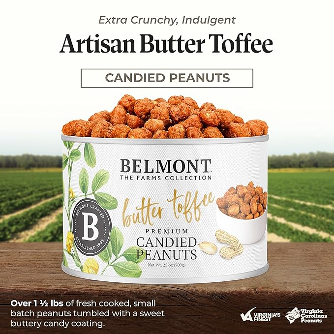 Belmont Peanuts Gourmet Butter Toffee Candied Peanuts 25 oz (1 Pack) – Only 4 Ingredients No Preservatives 3g Protein – A Premium Sweet Buttery Salty Crunchy Hand Seasoned Snack
