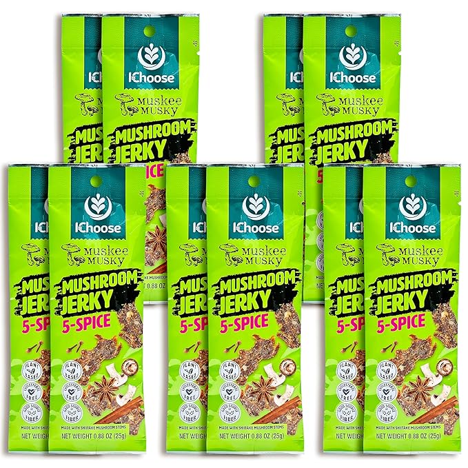 Ichoose Muskee Musky Mushroom Jerky Vegan High-Fiber Snack | Beef Jerky Alternative Perfect for Valentines &amp Snack Packs - 10 Pack Box 0.88 oz (25g) | (25g Box 10 Packs 5-Spice)