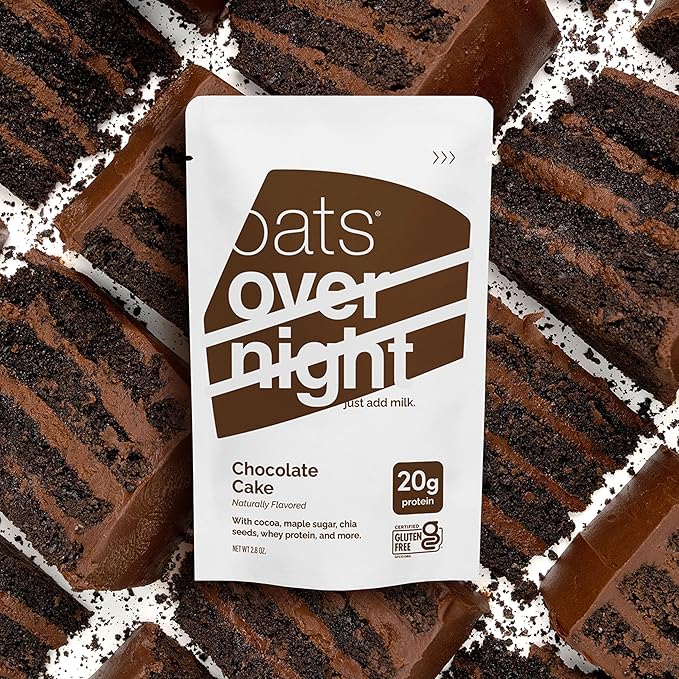 Oats Overnight Chocolate Cake - Overnight Oats with 20g Whey Protein High Fiber Breakfast Protein Shake - Gluten Free Oatmeal Non GMO High Protein Oatmeal (2.8 oz per Meal) (8 Pack + Shaker Bottle)