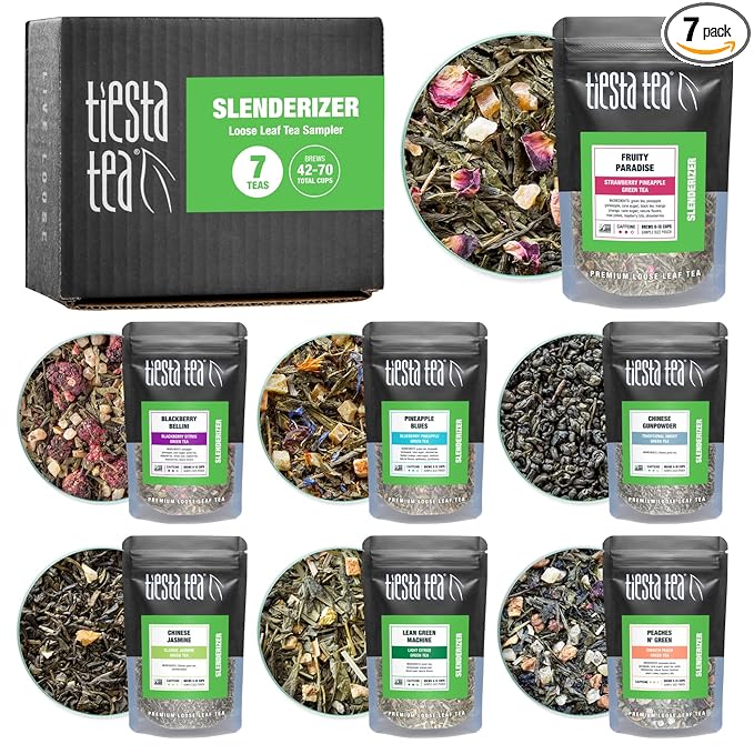 Tiesta Tea - 7 Green Teas Dry Flight Sampler Loose Leaf Medium Caffeine Hot &amp Iced Tea Premium Green Tea Blends 7 Resealable Sample Pouches