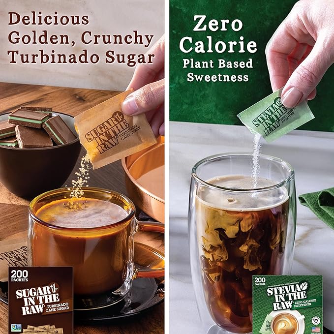 In the Raw Sugar and Stevia Sweetener Bundle – 200 Turbinado Packets + 200 Stevia Packets (2 Piece Set)