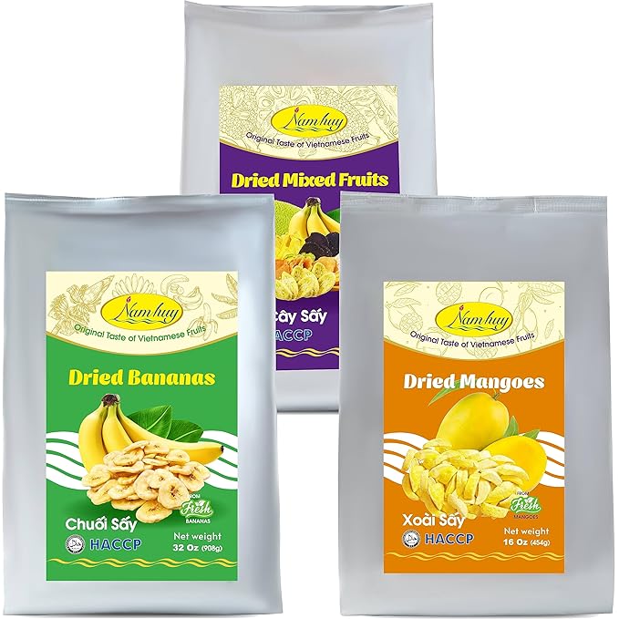 NAM HUY Vietnam's Dried Banana Dried Mango and Dried Mixed Fruit Snacks Original Taste of Vietnamese Fruits No-Added Sugar or Preservatives Delicious Crispy Texture (Total 80 Oz)