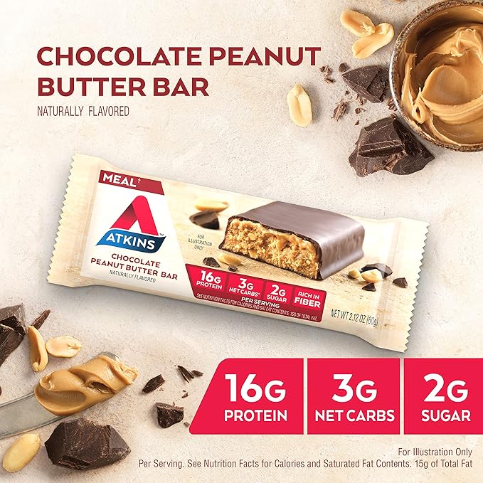 Atkins Chocolate Peanut Butter Protein Meal Bar 16g Protein 12 Count and Caramel Nut Chew Bar 1g Sugar 5 Count