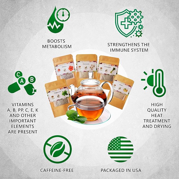 TeaDreamTea Tea Bag Sampler | 25 Bleach-Free Tea Bags | Caffeine Free | Dried Hibiscus Flowers | Ginger Lemongrass Chamomile &amp Peppermint Tea Bags