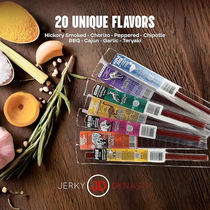 Buffalo Bob's Exotic Jerky Gift Box - Staff Favorite 20 Piece Assortment: Alligator Buffalo Venison Beef Ostrich Duck Elk - BBQ Cajun Peppered Teriyaki
