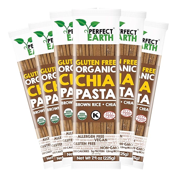 Perfect Earth Organic Brown Rice Pasta with Chia Seeds - Organic Vegan Keto Kosher Allergen-Free Gluten-Free Low Carb Pasta - For Healthy Delicious and Convenient Meals - 6 Pack (7.9 Oz Each)