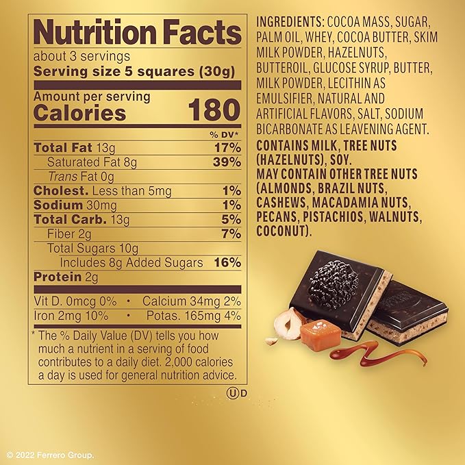 Ferrero Rocher Premium Chocolate Bars 8 Pack Dark Chocolate Hazelnut and Crunchy Salted Caramel Individually Wrapped 3.1 oz Each
