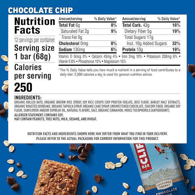 CLIF BARS - Energy Bars - Chocolate Chip - Made with Organic Oats - Plant Based Food - Vegetarian - Kosher (2.4 Ounce Protein Bars 12 Count) Packaging May Vary