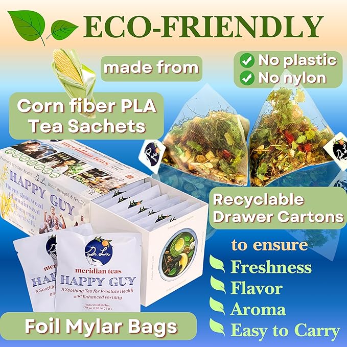Dr. Lu’s Happy Tea for Guy | 100% Natural Energy Tea for Men | Supports Prostate Vitality &amp Fertility | 11-Herb Blend with Maca Corn Silk &amp Hibiscus in Corn Fiber Tea Bags Made in USA