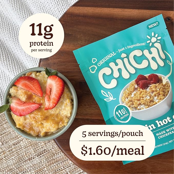 ChiChi Protein Hot Cereal Made with Chickpeas | Original (Plain) (8.8 oz x 4 pouches 20 servings) —Protein-packed (11g) High Fiber 0g Added Sugar Made with Simple Ingredients Grain Free Gluten F
