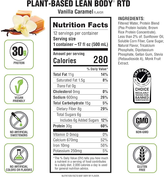 Lean Body Ready-to-Drink Plant-Based Vegan Vanilla Caramel Protein Shake 30g Protein No Artificial Flavors Sweeteners or Colors Non GMO Gluten Free Premium Pea &amp Rice Blend (Pack of 12)