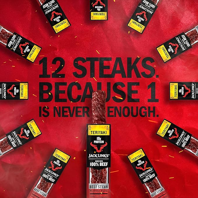 Jack Link's Beef Steak Teriyaki - Protein Snacks Meat Snack with 18g of Protein Made with 100% Beef Individually Wrapped Bulk Snack Pack Keto Friendly - 2 Oz. (12 Count)