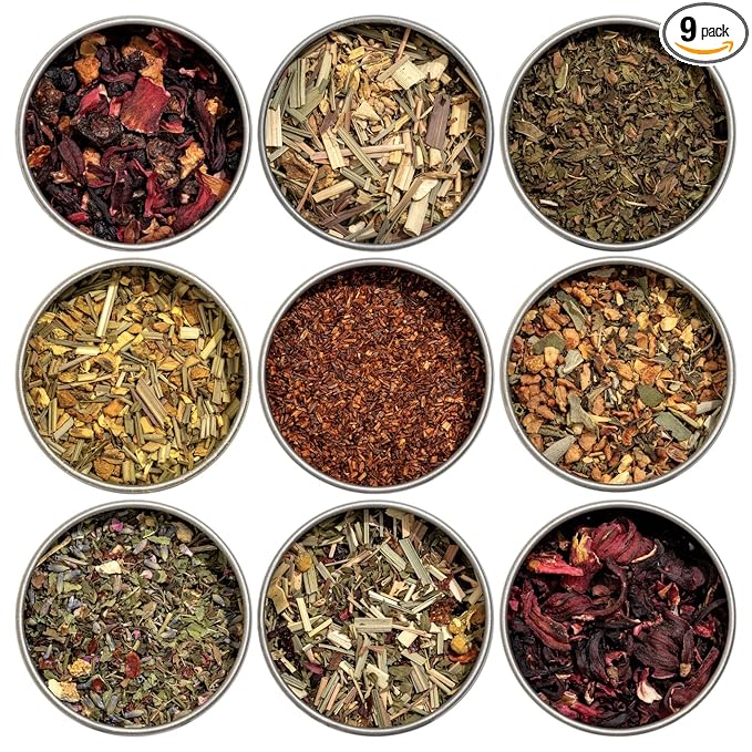 Heavenly Tea Leaves Organic Herbal Loose Leaf Tea Sampler Gift Set (Approx. 90 Cups) | 9 Naturally Caffeine-Free Tisanes | Great Hot or Iced | Assorted Variety Pack | Health &amp Immune Support