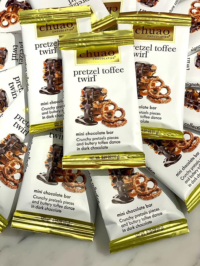 Chuao Chocolatier Pretzel Toffee Twirl Gourmet Dark Chocolate Mini Bars | For Gift Baskets Birthday Thank You Care Package | 100 Pack 0.39 oz Each