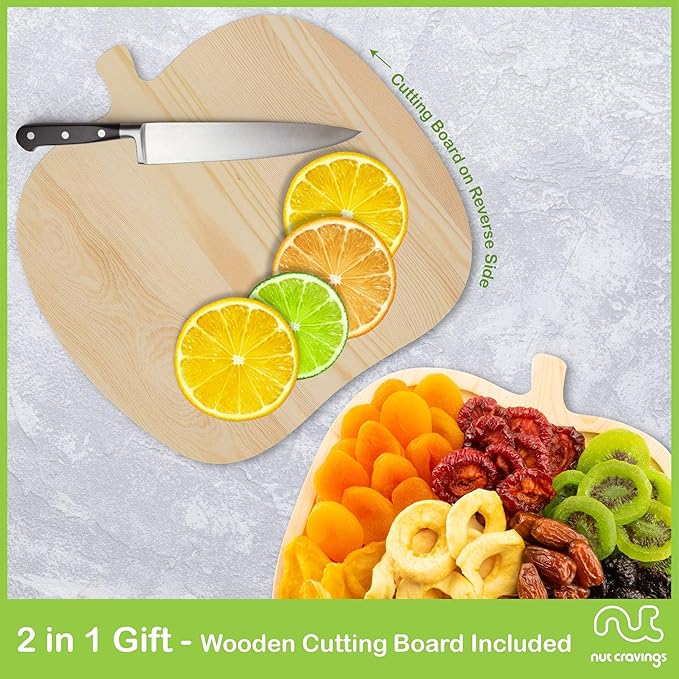 NUT CRAVINGS - Dried Fruit &amp Mixed Nuts Gift Basket in Wooden Apple-Shaped Tray (9 Assortments) Ramadan Gifts Food Arrangement Healthy Snack Care Package