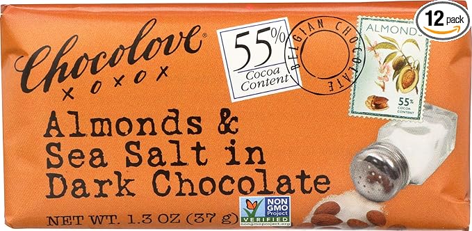 Chocolove Chocolate Bar Almonds &amp Sea Salt in Dark Chocolate 1.3 Ounce (Pack of 12)