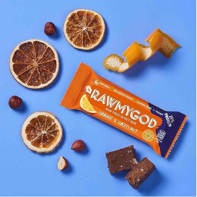 RAWMYGOD Fruit and Nut Bars Gluten Free Vegan No Added Sugar (16 bars Protein Pack - 4 Orange &amp Hazelnut 4 Fruit &amp Nut 4 Chia &amp Choco 4 Peanut &amp Cacao)