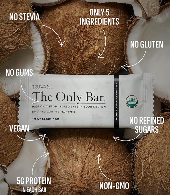 Truvani Plant Based Snack Bars | Coconut Cashew 12 Pack | 5g Protein | USDA Organic and Vegan | The Only Bar | Dairy Soy and Gluten Free | Individually Wrapped