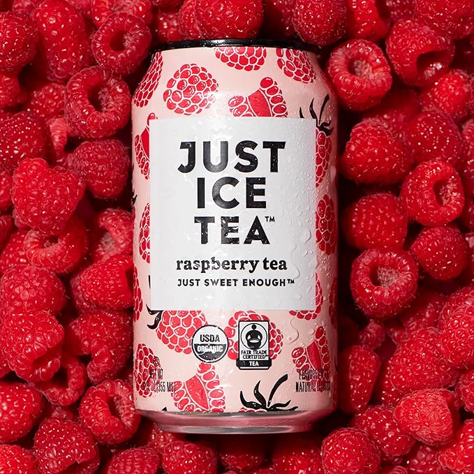 Just Ice Tea Raspberry Flavored Black Iced Tea 24-Pack (12oz Cans) USDA Certified Organic Low Calorie No Artificial Sweeteners Fair Trade Made in USA.
