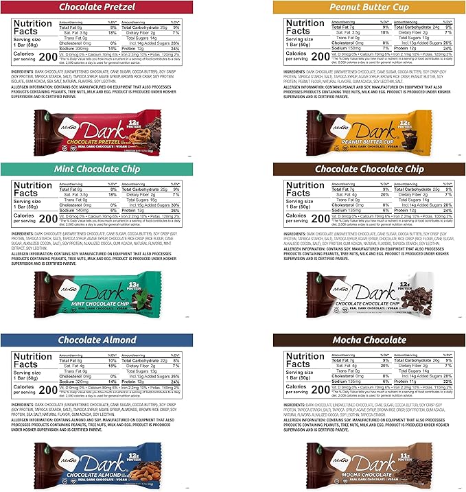NuGo Dark Variety Box - Pretzel Chocolate Chip Mint Chocolate Chip Mocha Peanut Butter Cup and Almond 11-12g Protein Vegan Gluten Free Kosher Pareve 12 Count Variety