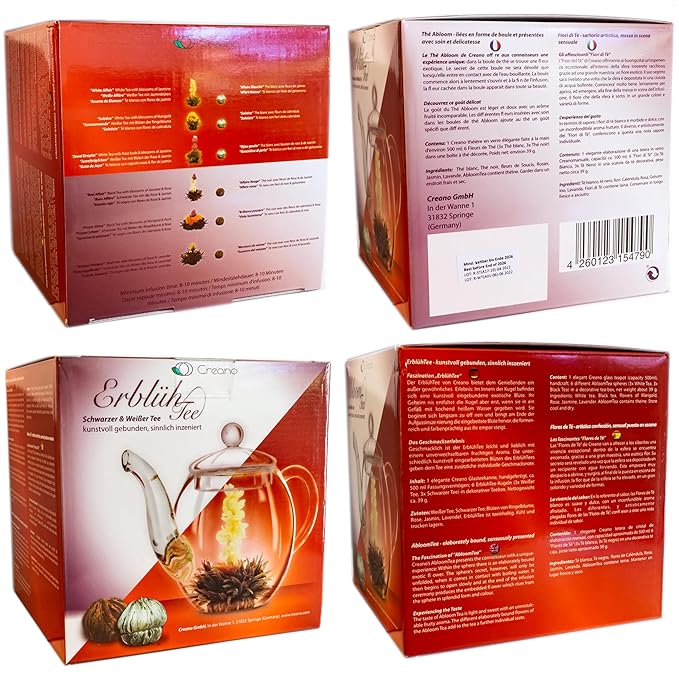 Creano Blooming Tea Gift Set with Glass Pot 17oz/500ml with 6 Flowering-Tea each 3pcs White &amp Black Tea