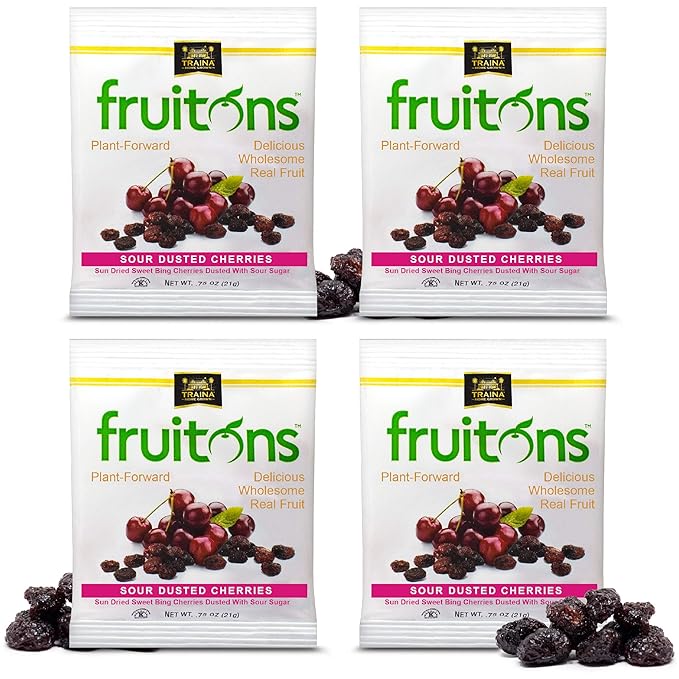 Traina Home Grown Fruitons Sun Dried Cherries Dusted With Sour Sugar - Non-GMO Gluten Free .75 oz bags (Pack of 18)