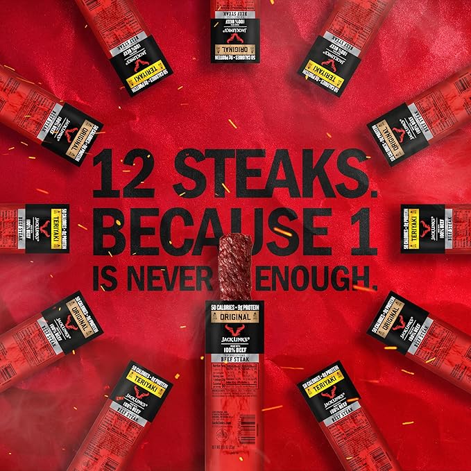 Jack Link's Beef Steak Original and Teriyaki - Protein Snacks Meat Snack Good Source of Protein Made with 100% Beef Individually Wrapped Bulk Snack Pack - 0.8 Oz. (12 Count)
