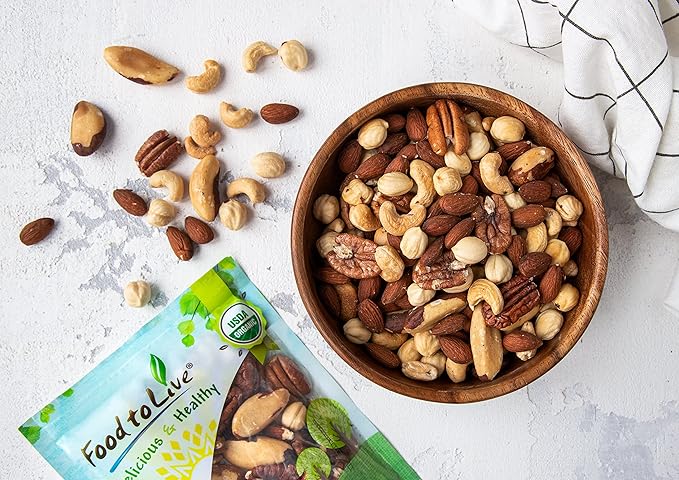Food to Live Organic Deluxe Nuts Mix 8 Ounces A Blend of Dry Roasted Pecans Cashews Filberts Almonds and Brazil Nuts with Himalayan Salt. Non-GMO Oven Roasted and Lightly Salted. Kosher Bulk