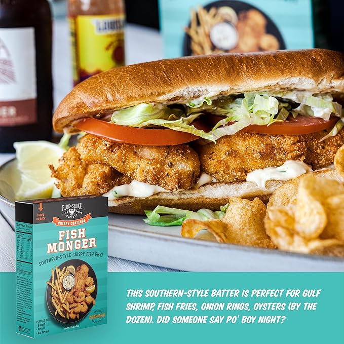 Fire &amp Smoke Society Fish Monger Fish Fry Seasoning Mix | Fish Batter Southern Style Crispy Coating | Baking Frying Air Frying | 12.1 oz (2-Pack)
