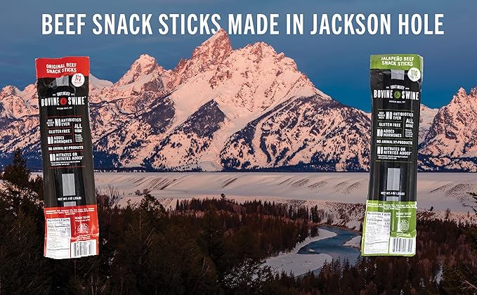 Bovine &amp Swine All-Natural Gourmet Craft Beef Snack Sticks | 10 Packs of 2 | Wyoming Jerky Sticks High Protein Individually Wrapped | Camping &amp Hiking Snacks | Clean Ingredients | Original B