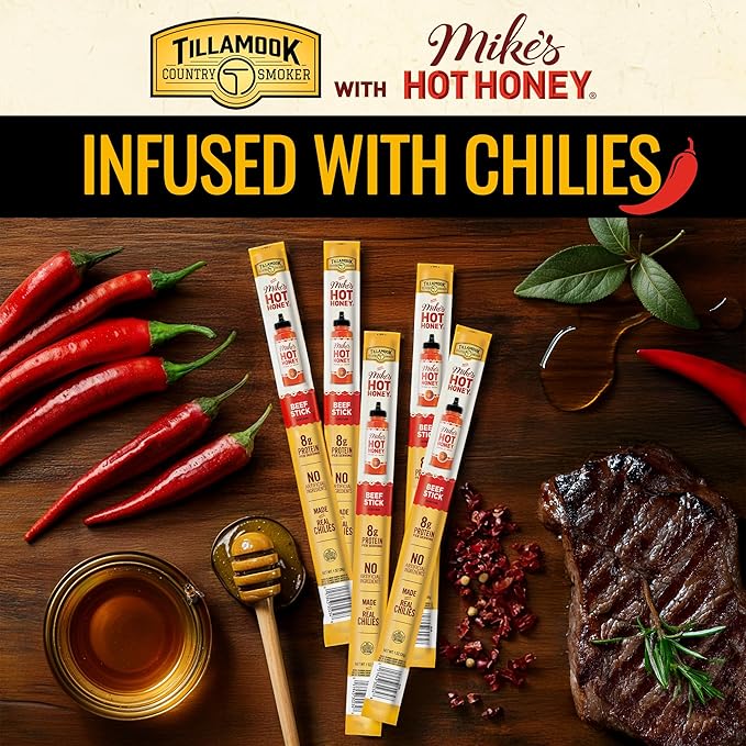 Tillamook Country Smoker 100% Premium Beef Sticks Mike's Hot Honey 1 Ounce (24 Sticks) Real Hardwood Smoked Sausages Low Carb High Protein Individually Wrapped Ready to Eat Sweet &amp Spicy Sna