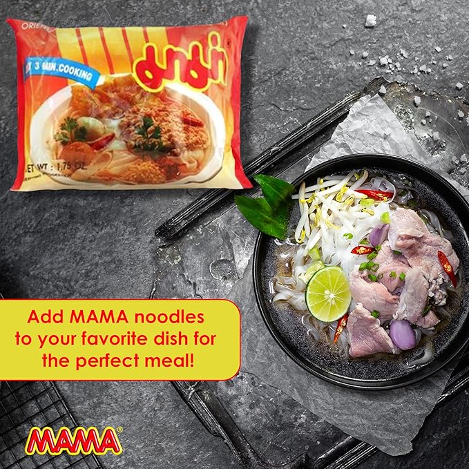 MAMA Noodles Creamy Shrimp Tom Yum Instant Spicy Noodles w/Delicious Thai Flavors Hot &amp Spicy w/Creamy Shrimp Tom Yum Soup Base No Trans Fat w/Fewer Calories Than Deep Fried Noodles 30 Pack