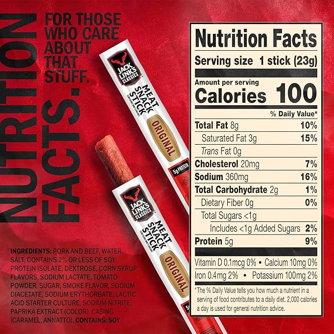 Jack Link's Classics Meat Sticks Original - Protein Snack Meat Snack Sticks with 5g of Protein Made with Beef &amp Pork Keto Friendly Individually Wrapped - 0.8 Oz. (Pack of 20)