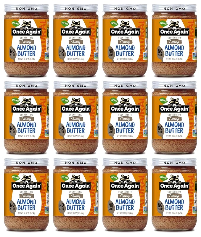 Once Again Natural Creamy Almond Butter 16oz - American Classic No Stir - Salt Free Unsweetened - Gluten Free Certified Peanut Free Vegan Kosher Paleo - Glass Jar (12 Pack)