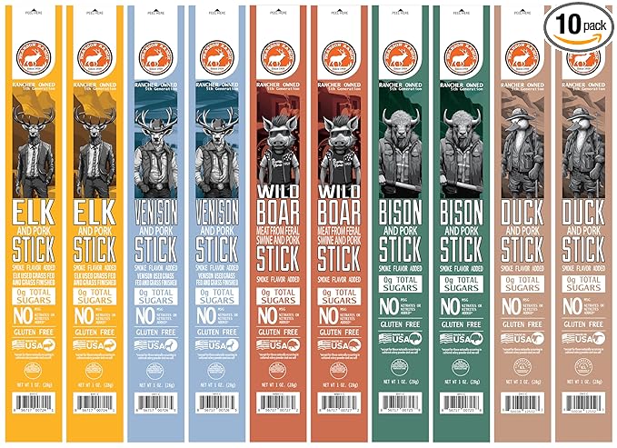 PEARSON RANCH Game Meat Sticks Variety Pack of 10 - Elk Bison Venison Wild Boar Duck - Exotic Jerky Sticks No Added Nitrites High-Protein Sticks Paleo and Keto Friendly Meat Snacks (1oz sticks)