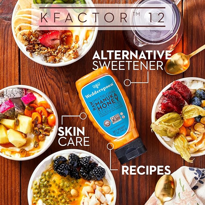 Wedderspoon Raw Premium Manuka Honey KFactor 12 12 Oz Unpasteurized Genuine New Zealand Honey Non-GMO Superfood Traceable from Our Hives to Your Home Convenient Squeeze Bottle