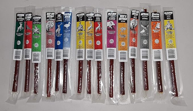Buffalo Bob's 15 Piece Exotic Game Snack Sticks | California Legal | Alligator Antelope Elk Buffalo Duck Ostrich Turkey Venison Wild Boar Gift Pack