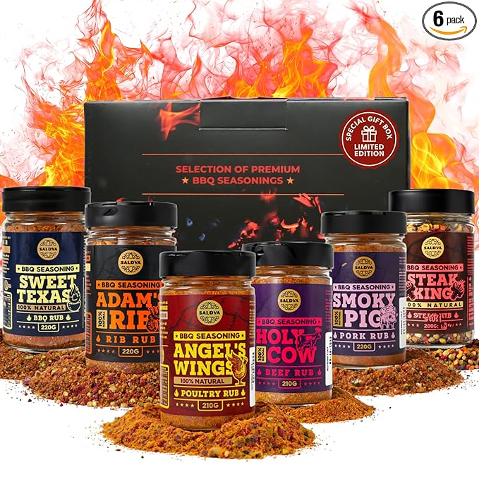 SALDVA Gift Selection of Premium BBQ Seasonings - Holy Cow Angel’s Wings Smoky Pig Sweet Texas Steak King &amp Adam's Ribs BBQ Rubs | Pack of 6 | 100% Natural | Spice Gift For Foodie